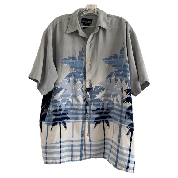 ISLAND TROPICS Men’s Hawaiian Blue Gray White Palm Trees Tropical Shirt-Size L - Picture 1 of 8